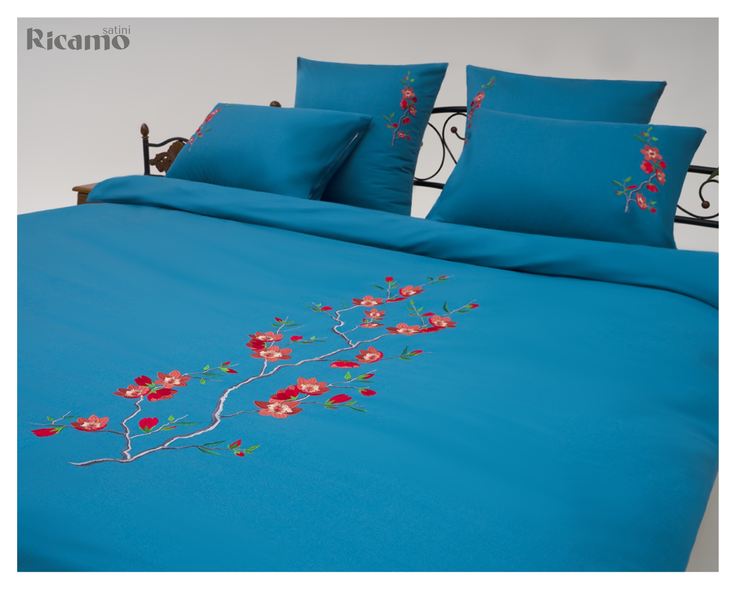 • Satini Ricamo / Сатини Рикамо •  Комплект постельного белья из Мако Сатина с вышивкой, Морская волна